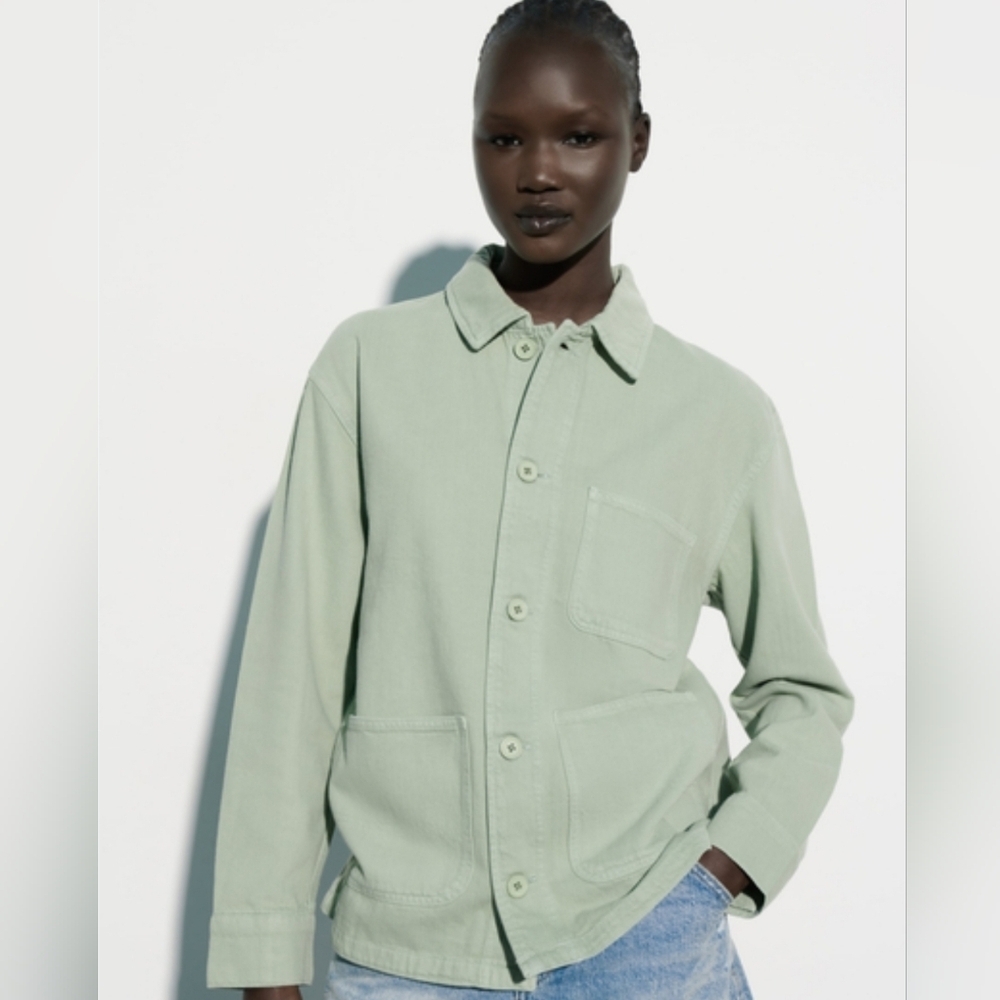 ZARA Victoria Cotton Overshirt Light Green Utility Barn Style Jacket Medium - Picture 3 of 8